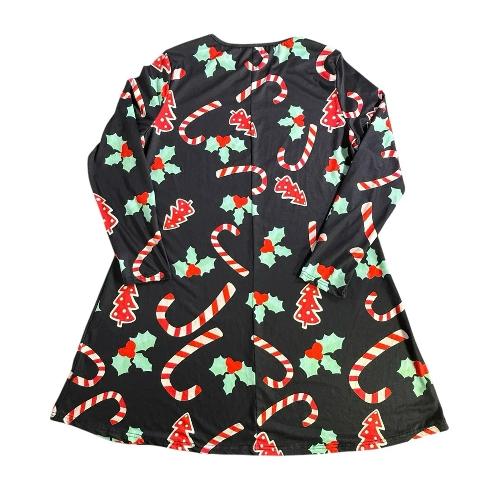 Christmas Holiday Long Sleeve Stretchy Black Dress Candy Canes Women Sz XXL - Picture 2 of 10